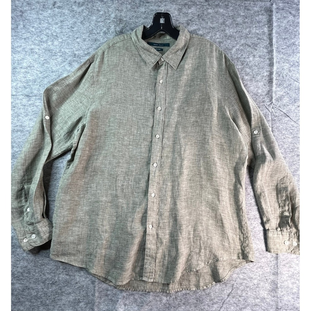 PERRY ELLIS Mens XL Shirt Green Gray Linen Roll Tab Long Sleeves